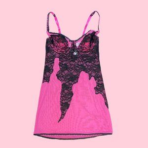 Y2K Hot Pink Black Lace Bustier Mesh Nightie